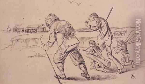 Golfers off to Practice on the Beach, illustration from Graphic magazine, pub. c.1870 Oil Painting - Henry Sandercock