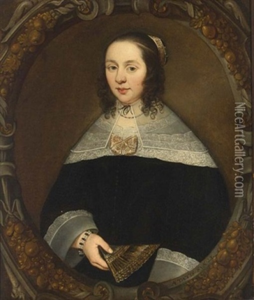 A Portrait Of A Lady, Aged 23, Half Length, Wearing A Black Velvet Dress With A Lace Collar And Cuffs, Holding A Fan In Her Left Hand, In A Trompe L'oeil Painted Carved Oval Frame Oil Painting - Jan Jansz Westerbaen Sr.