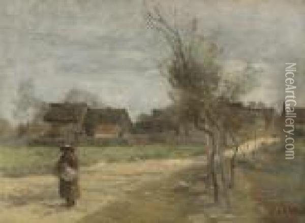 Paysanne Sur Une Route En Vue D'un Village Oil Painting - Jean-Baptiste-Camille Corot