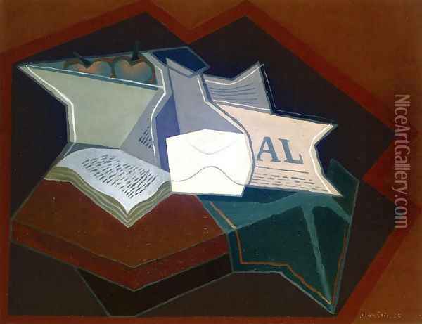 Compotier, Carafe and Open Book Oil Painting - Juan Gris