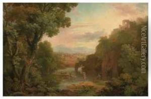 A Classical Landscape With 
Fishermen And A Washerwoman, A Hilltopvilla And Mountains Beyond Oil Painting - George Cuitt