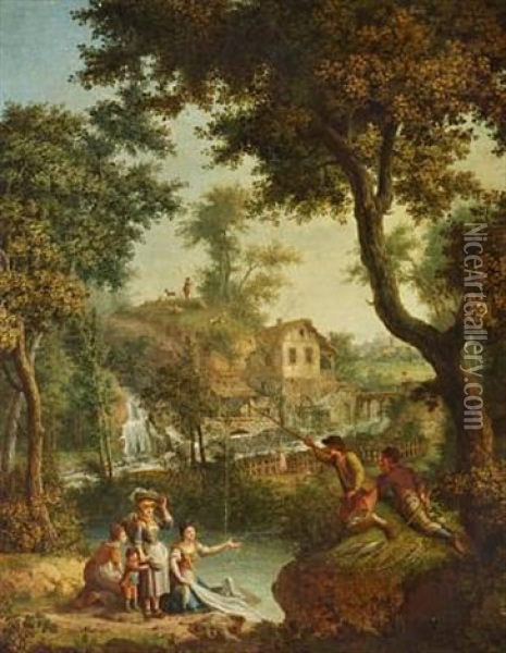 Pastoral Landscape With Waterfall And A Village In The Background Oil Painting - Giovanni Battista Innocenzo Colombo