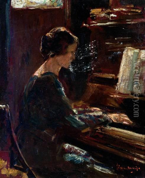 Pianospelende Vrouw Oil Painting - Simon Maris