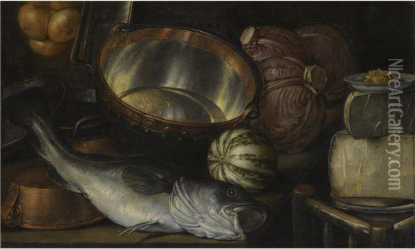 A Still Life With A Fish, Onions, Cabbage, Cheese And Copper Pots Oil Painting - Cornelis Jacobsz Delff