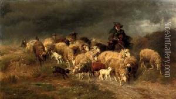 Heimkehr Im Sturm: Herding The Flock Oil Painting - Anton Braith