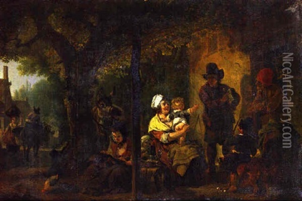 Family Gathered Outside An Inn Oil Painting - Jean-Louis Demarne