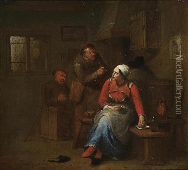 Two Peasants And A Woman In An Inn Oil Painting - Egbert van Heemskerck the Elder