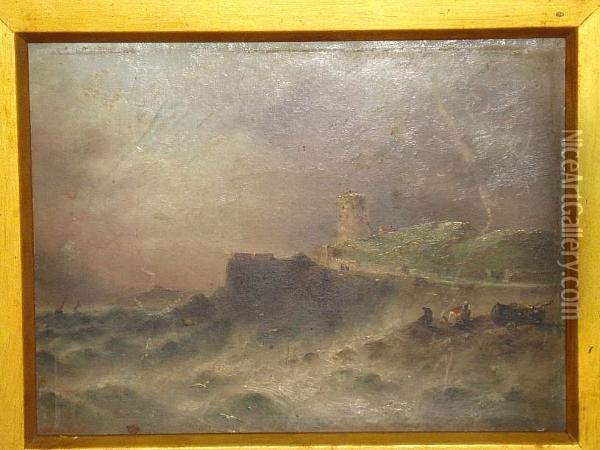 A Jersey Coastal Scene, Figures On Rocks To The Fore, Defensive Tower Beyond, Signed Oil Painting - S.L. Kilpack