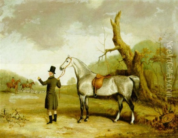 A Gentleman With A Dapple-grey Hunter Oil Painting - Thomas Walker Bretland