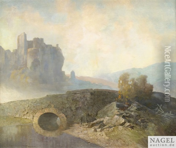 Landschaft Mit Bogenbrucke Und Burgruine Oil Painting - Oskar Mulley