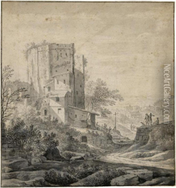 A View Of The Edge Of An Italianate Town, With A Ruined Tower To The Left Oil Painting - Willem Schellinks