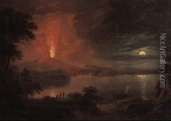 View Of The Eruption Of Mount Vesuvius By Moonlight Oil Painting - Henry Pether