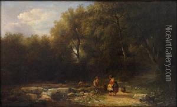 Childeren At A Forest Stream Oil Painting - Edward Charles Williams