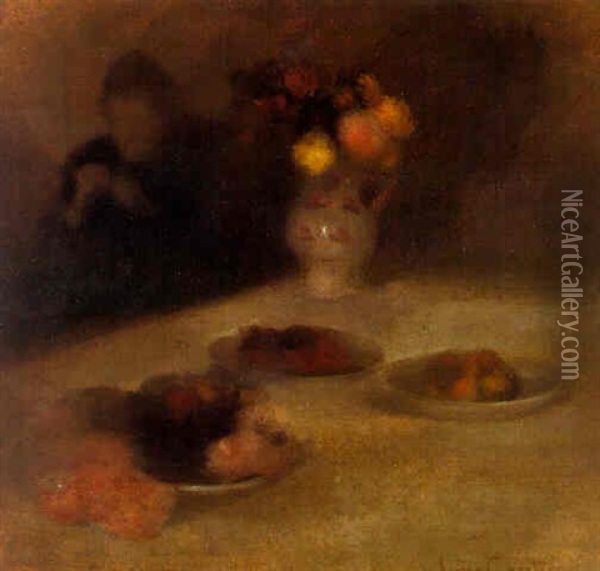 Interieur Avec Femme Qui Tricotte Oil Painting - Eugene Carriere