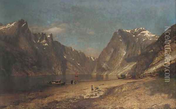 Unloading the catch, a Norwegian Fjord Oil Painting - Adelsteen Normann