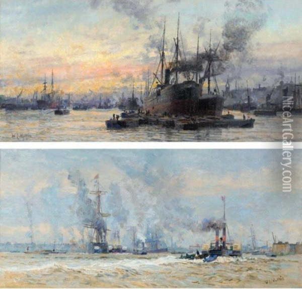 Ships In The Dock; And A Tug And Other Shipping On The Thames Oil Painting - William Lionel Wyllie