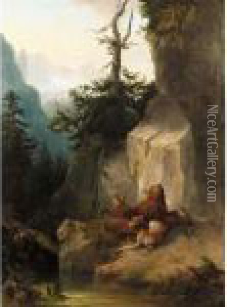 Bears In An Alpine Forest Oil Painting - Friedrich Gauermann
