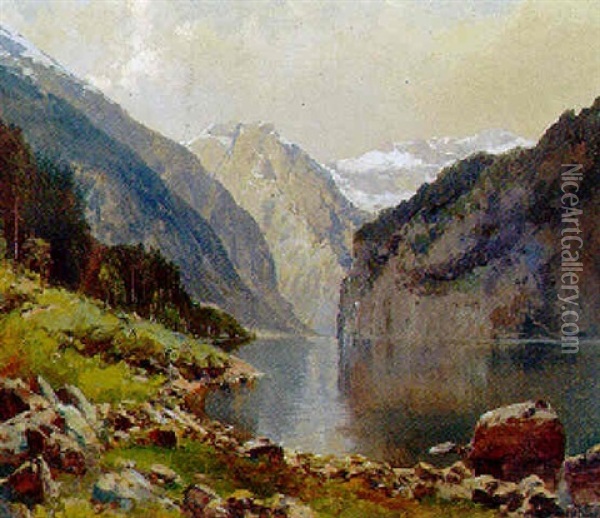 Bjerglandskap Med Flod Oil Painting - Peder Jacob Marius Knudsen