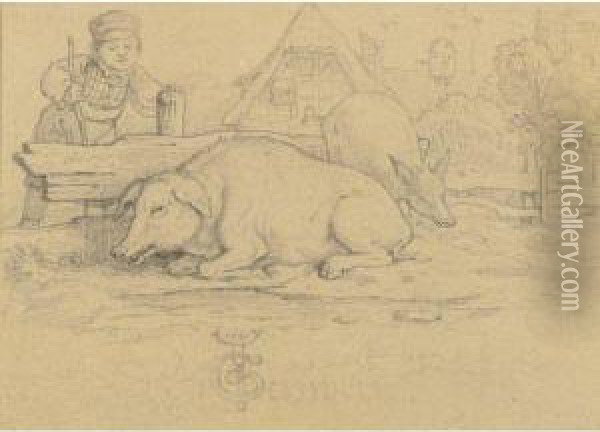 Pigs In A Farmyard Oil Painting - Moritz Ludwig von Schwind