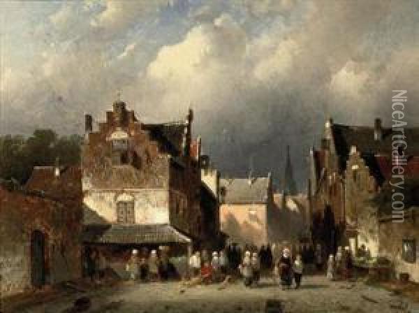 Market Day In A Dutch Town Oil Painting - Charles Henri Leickert