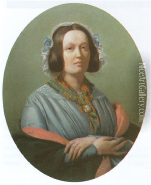 Portrat Einer Dame Mit Spitzenhaube, Kariertem Halstuch, Gemmen-brosche Und Stola Oil Painting - Adolphe Felix Cals