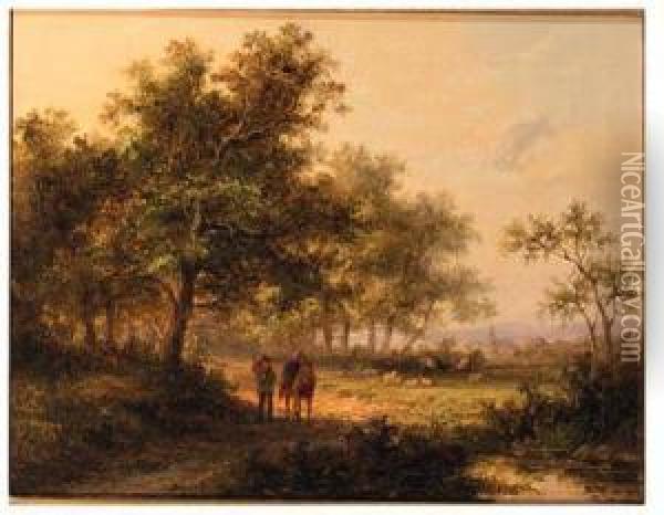 Travelers With A Donkey In A Wooded River Landscape Oil Painting - Jan Evert Morel