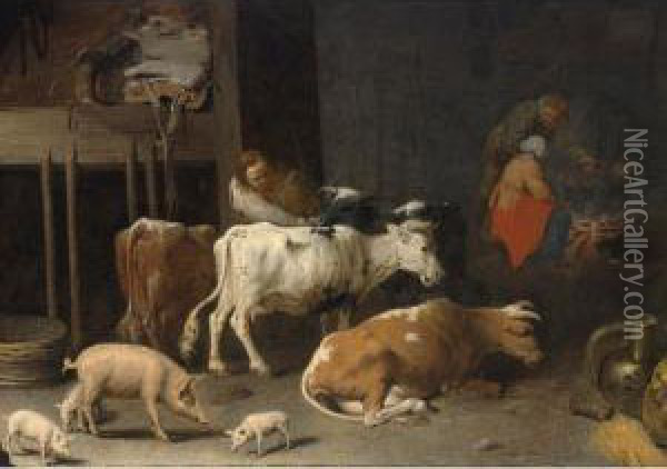 A Barn Interior With A Peasant 
Feeding Cows And Pigs, With Three Peasants Near A Fire Place To The 
Background Oil Painting - David The Younger Ryckaert