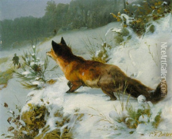 Winterlandschaft Mit Einem Fuchs Oil Painting - Carl Friedrich Deiker