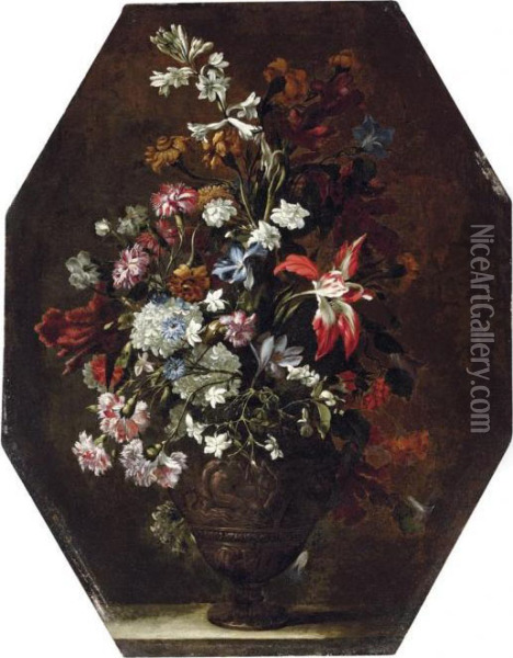 A Lily, An Iris, Carnations, Chrysanthemums And Other Flowers In Abronze Relief Urn Oil Painting - Mario Nuzzi Mario Dei Fiori