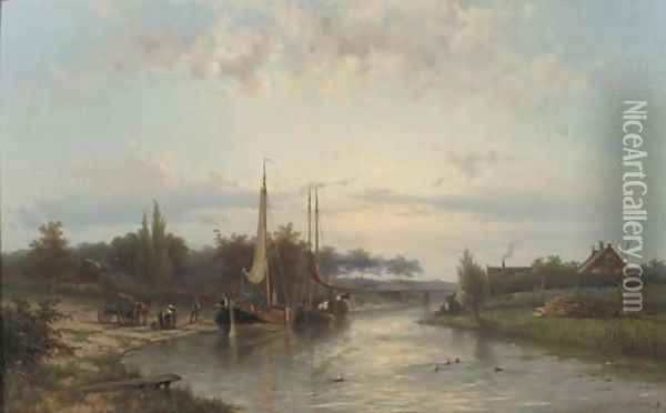 Unloading the riverbarges in summer Oil Painting - Johannes Hermanus Koekkoek
