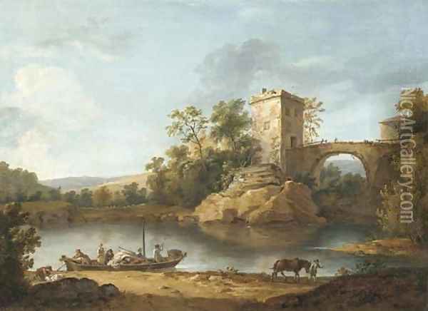 An Italianate river landscape with peasants in a boat and a fortified bridge beyond Oil Painting - William Hodges