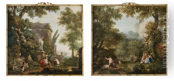 Female Figures And Children Frolicking And Resting By Antique Ruins In A Forest; Nymphs Resting Beside Water In A Lush Forest, A Stag In The Distance (pair) Oil Painting - Jurriaan Andriessen