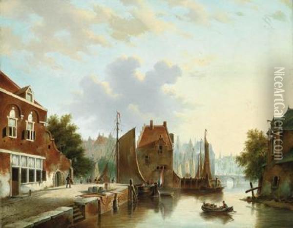 Hollandische Kanallandschaft Mitkontoren Und Wohnhausern Oil Painting - Petrus Augustus Beretta