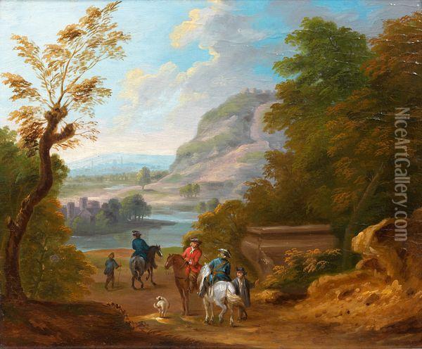 Cavaliers Devant Un Paysage De Riviere Oil Painting - Peeter Bout