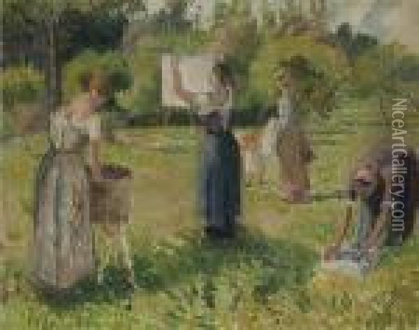 Les Laveuses A Eragny, Esquisse Oil Painting - Camille Pissarro