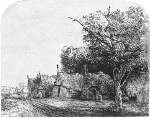 Landscape With Three Gabled Cottages Beside A Road (b., Holl.217; H.246; Bb.50-d) Oil Painting - Rembrandt Van Rijn