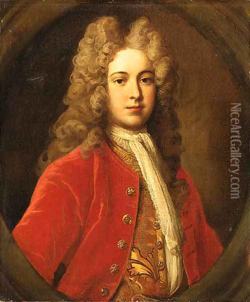 Portrait of a Gentleman, half length, in a red coat, Oil Painting - Johan Van Der Banck