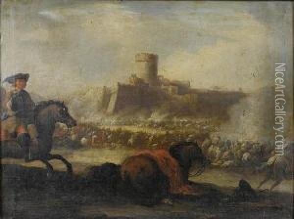 A Cavalry Battle Before A Walled Town Oil Painting - Ilario Mercanti Spolverini