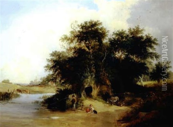 River Scene With Figures Fishing In The Foreground Oil Painting - Henry John Boddington