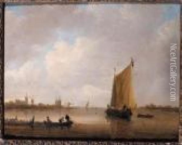 Fishermen Hauling In Their Nets In A River Estuary, A Smalschipnearby, A Town Beyond Oil Painting - Willem van Diest