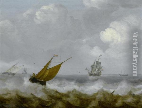 Ships On A Stormy Sea. Oil Painting - Julius Porcellis