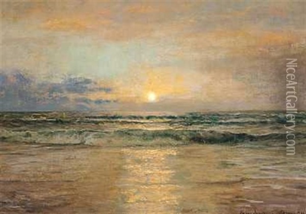 Solnedgang Over Skagen Strand Oil Painting - Holger Henrik Herholdt Drachmann