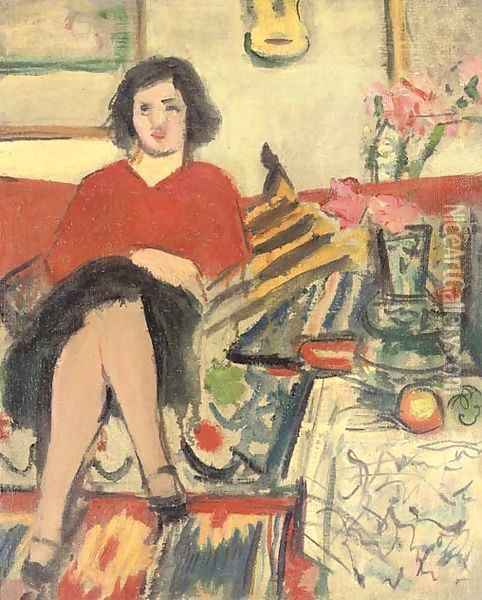 Girl in a red pullover, seated on sofa, and flowers, recto Oil Painting - George Leslie Hunter