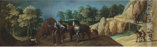 An Elegant Hunting Party In A 
Wooded River Landscape, Other Figures And Horses In The Background Near A
 Waterfall Oil Painting - Louis de Caullery