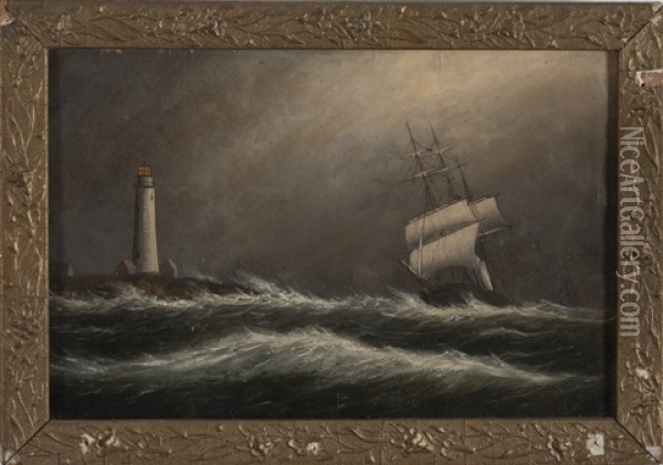 Barque Off Boston Light, South East Gale And Ship Passing Fishermen On The Banks Riding Out A Gale (a Pair) Oil Painting - Clement Drew