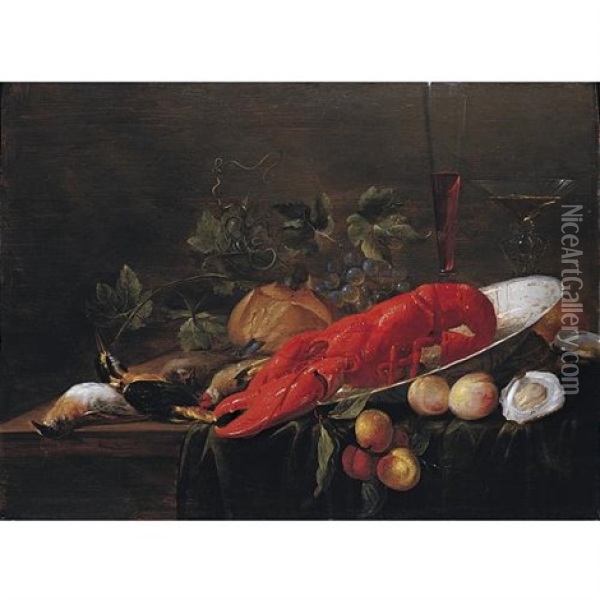 Still Life Of A Lobster In A Wanli Kraak Porcelain Bowl, With Peaches, Grapes, Bread, Oysters, Glasses Of Wine, A Kingfisher, Goldcrest And Other Songbirds, Arranged Upon A Table Oil Painting - Christiaan Luycks