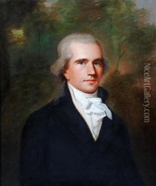 Portrait Of A Young Gentleman, Believed To Be A Member Of The Fitzgibbon Family, Wearing A White Cravat And Navy Blue Frock Coat Oil Painting - Thomas Hickey