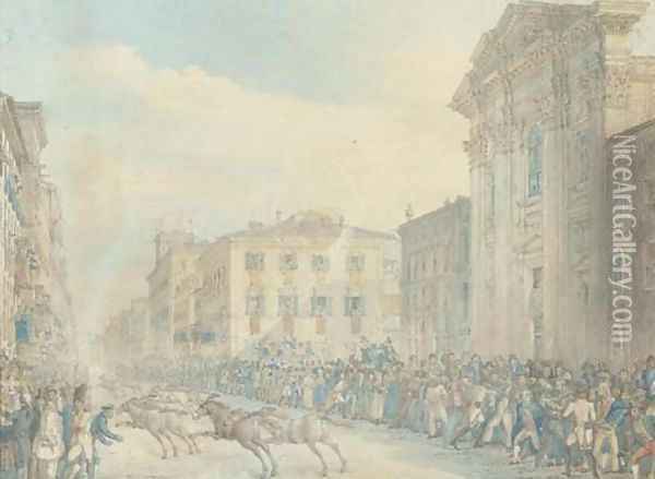 Horses triumphantly charging through an Italian town, thought to be Turin Oil Painting - Continental School
