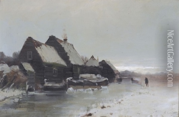 Winterliche Bachlandschaft Mit Bauernhausern Oil Painting - Adrianus Kuypers
