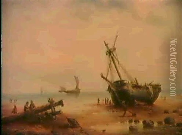 Figures By A Grounded Ship With Other Sailing Vessels In    Calm Seas Beyond Oil Painting - Henry Redmore